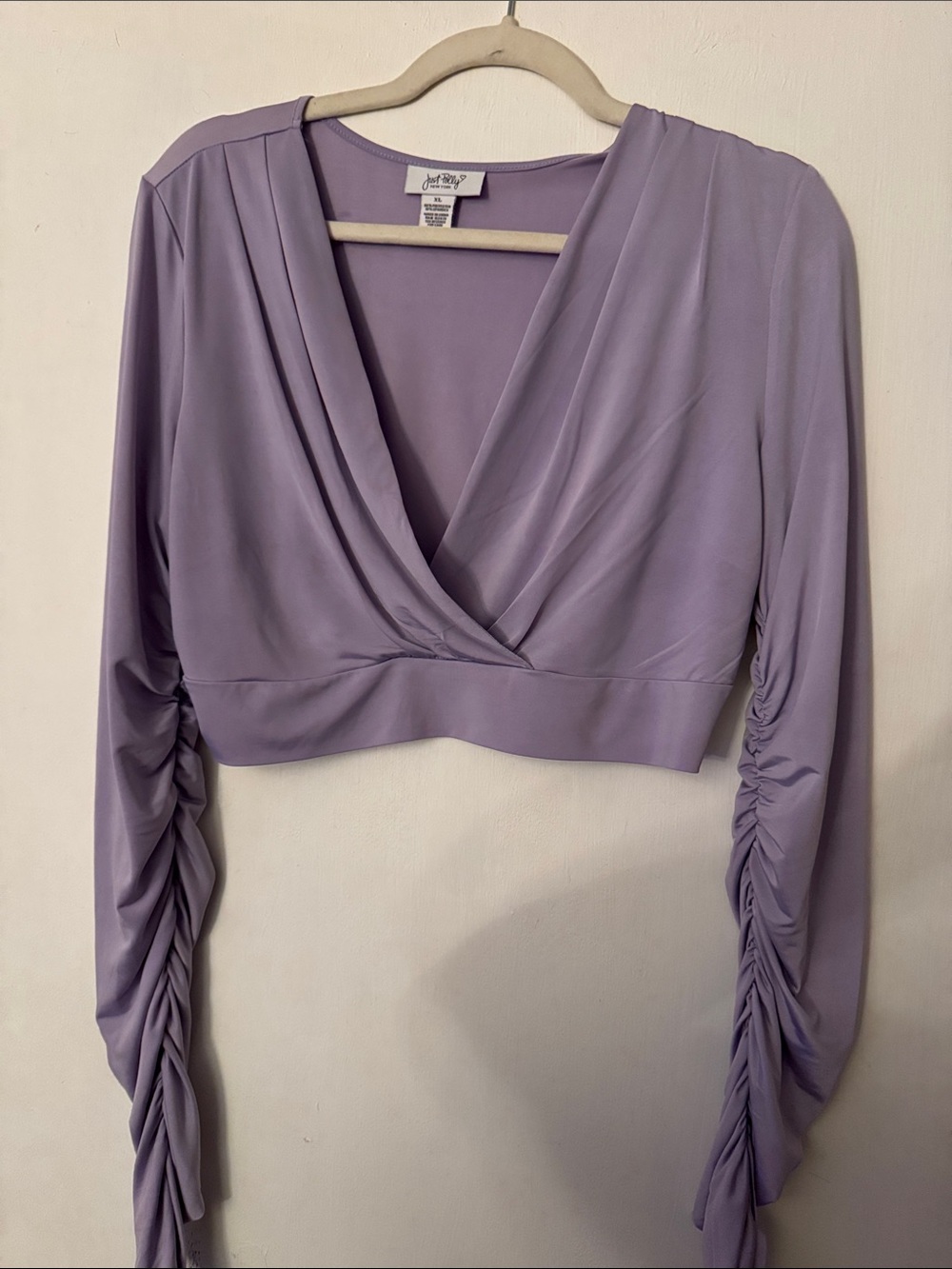 JustFab Lilac Ruched-Sleeve Wrap Crop Top